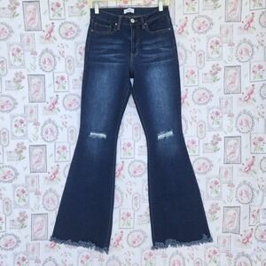 YMI Women's Dark Blue Denim Distressed Frayed Flare Y2K Bootcut Jeans Sz 7/28